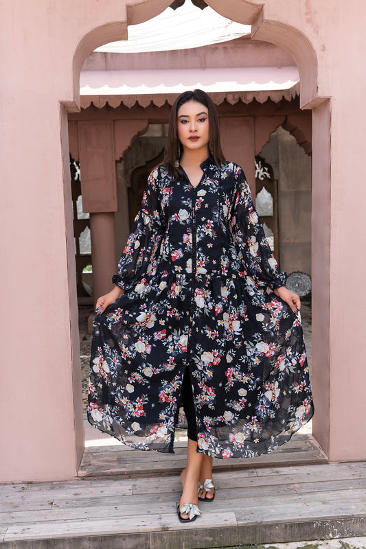 Midnight Blossom chiffon Maxi Dress