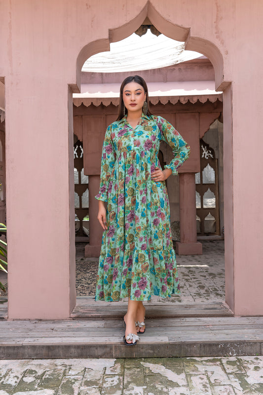 Turquoise Garden silk Grip Tiered Maxi Dress