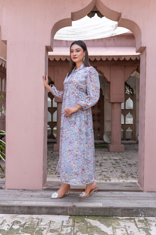 Sky Blue Floral chiffon Maxi Dress
