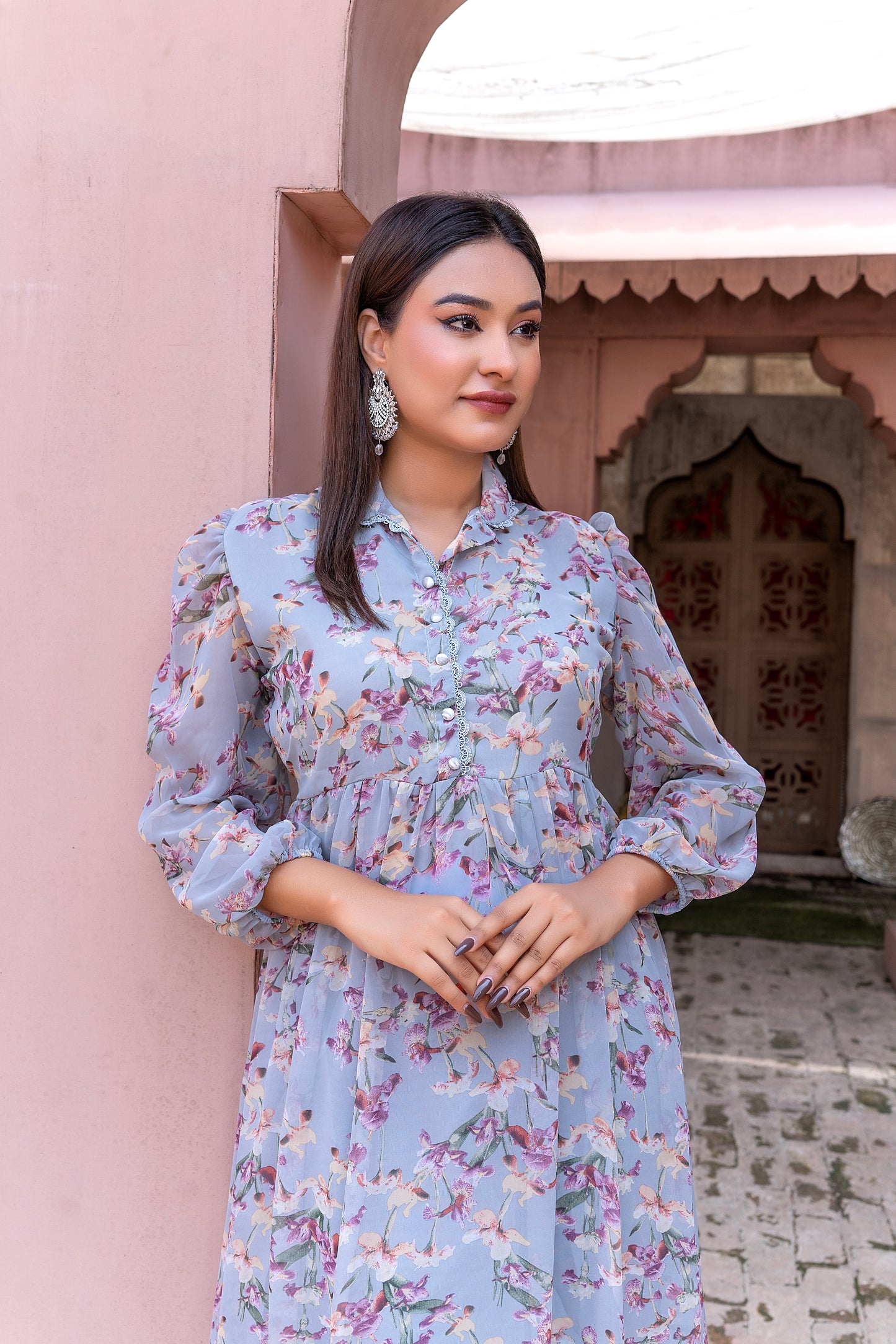 Sky Blue Floral chiffon Maxi Dress