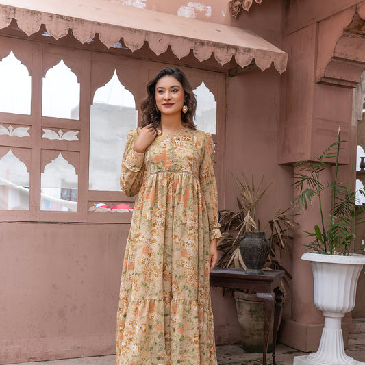 Vintage Floral chiffon Tiered Maxi Dress