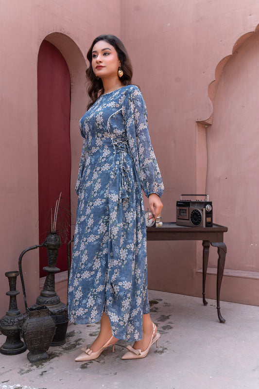 Steel Blue Floral chiffon Maxi Dress