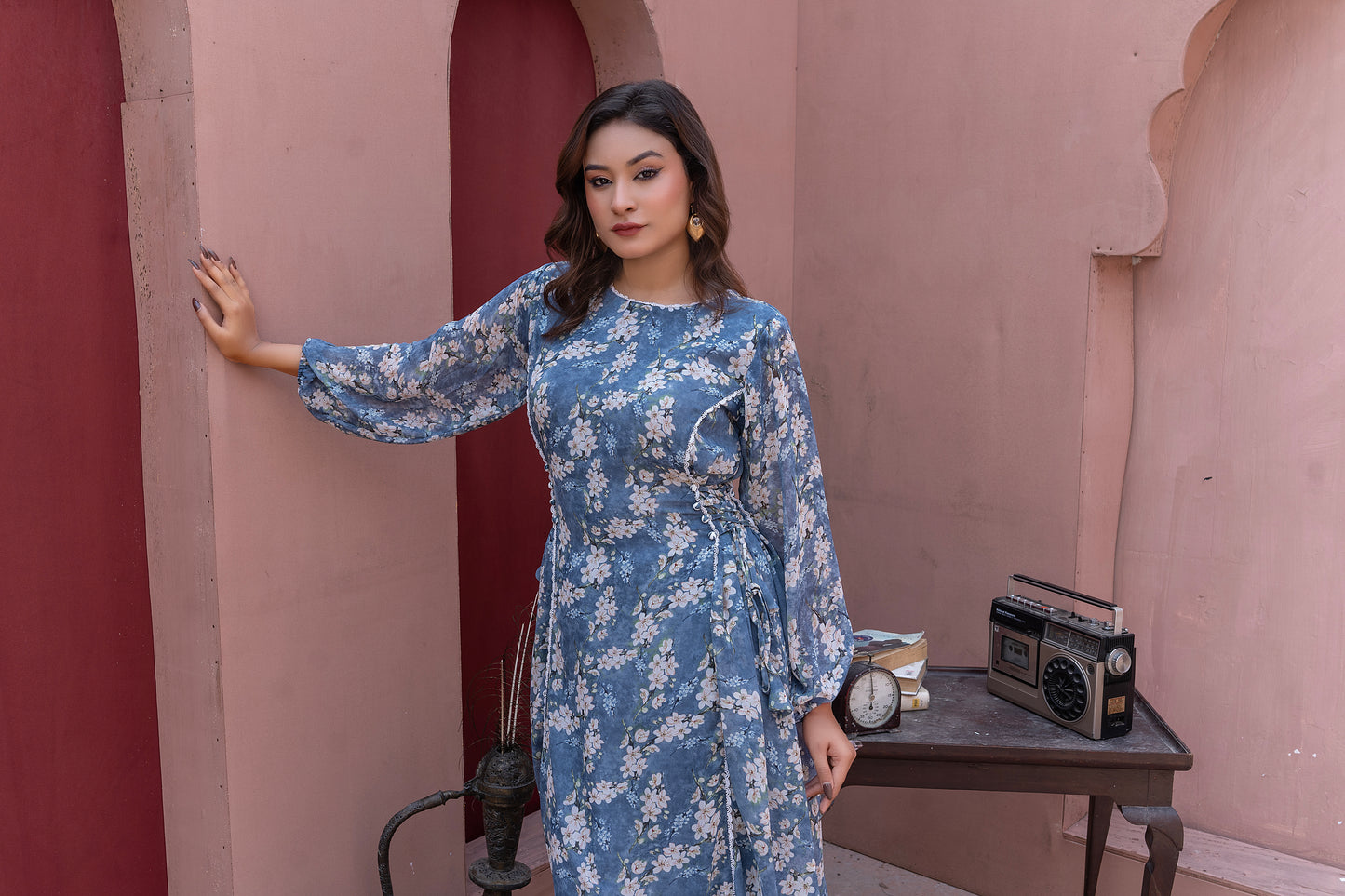 Steel Blue Floral chiffon Maxi Dress