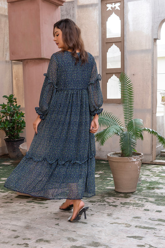 Navy Ditsy Print chiffon Tiered Maxi Dress