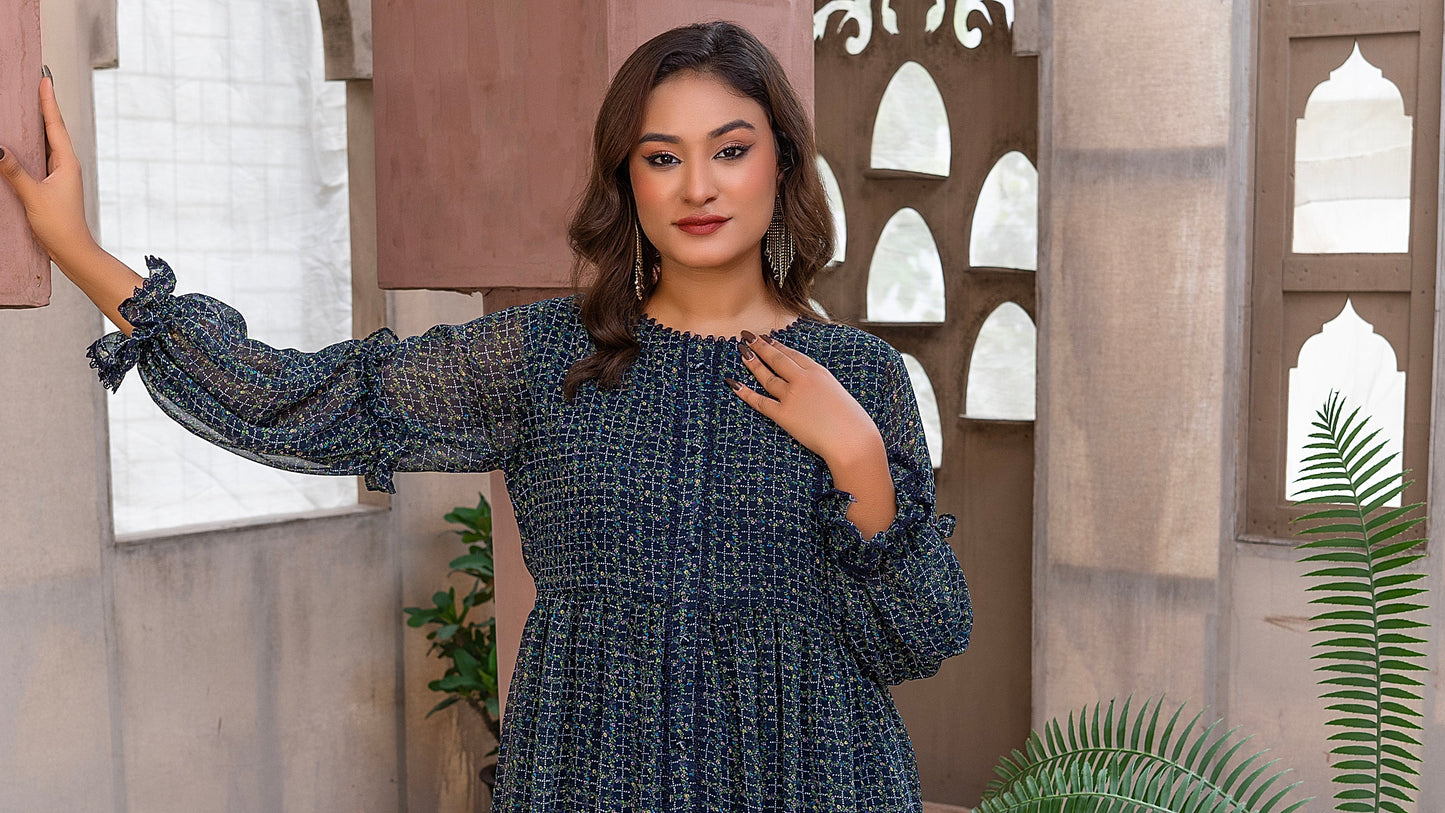 Navy Ditsy Print chiffon Tiered Maxi Dress