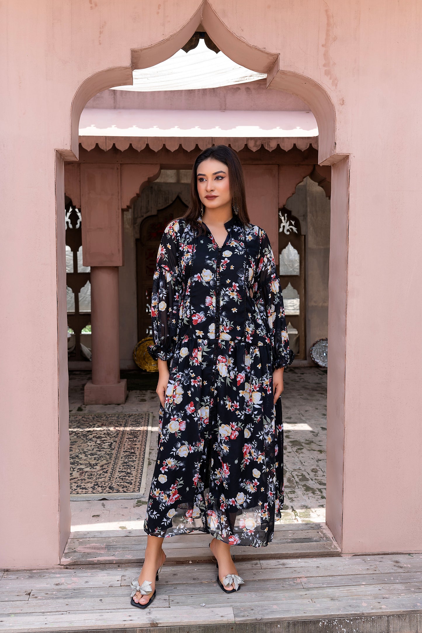 Midnight Blossom chiffon Maxi Dress