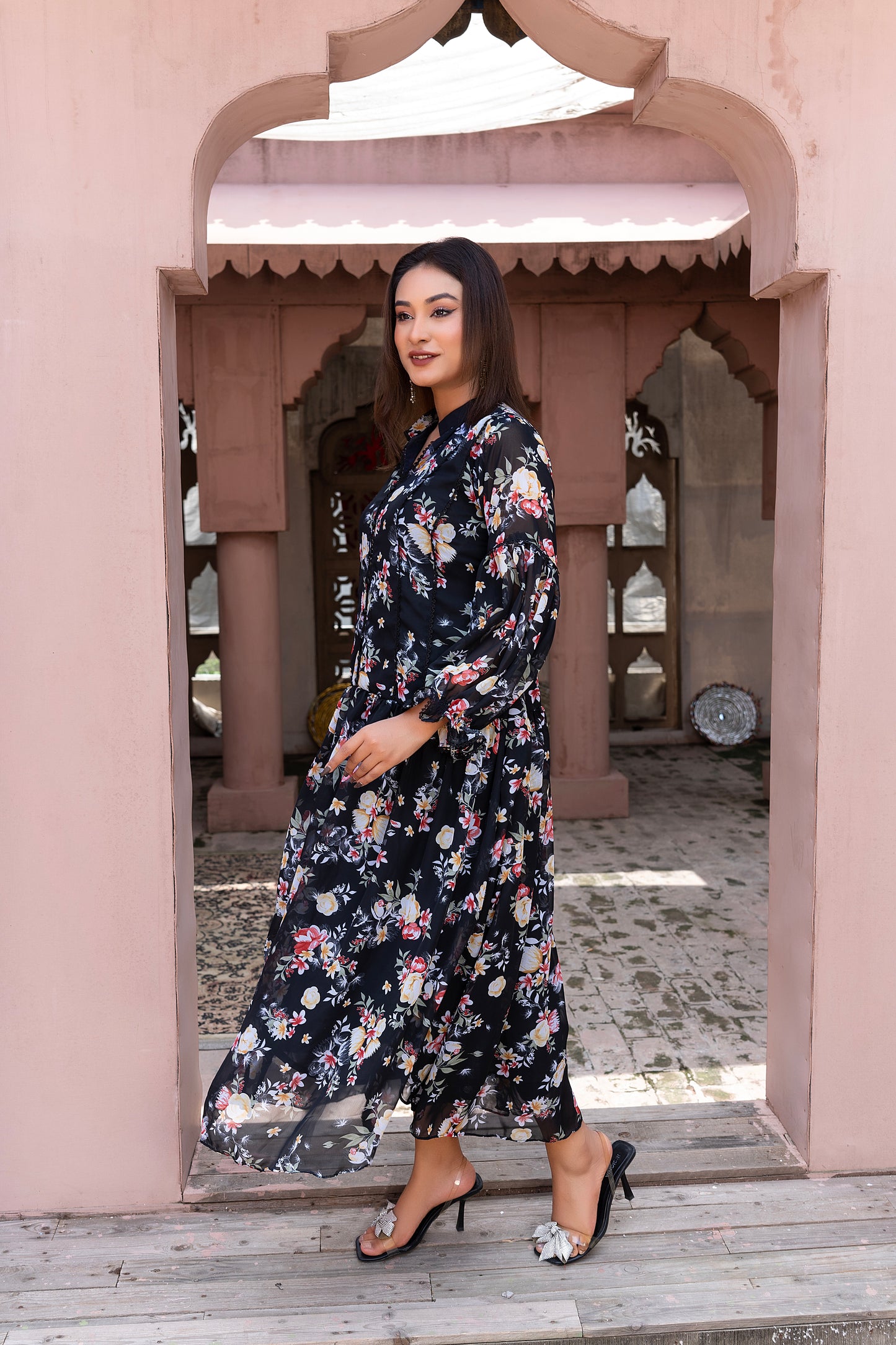 Midnight Blossom chiffon Maxi Dress