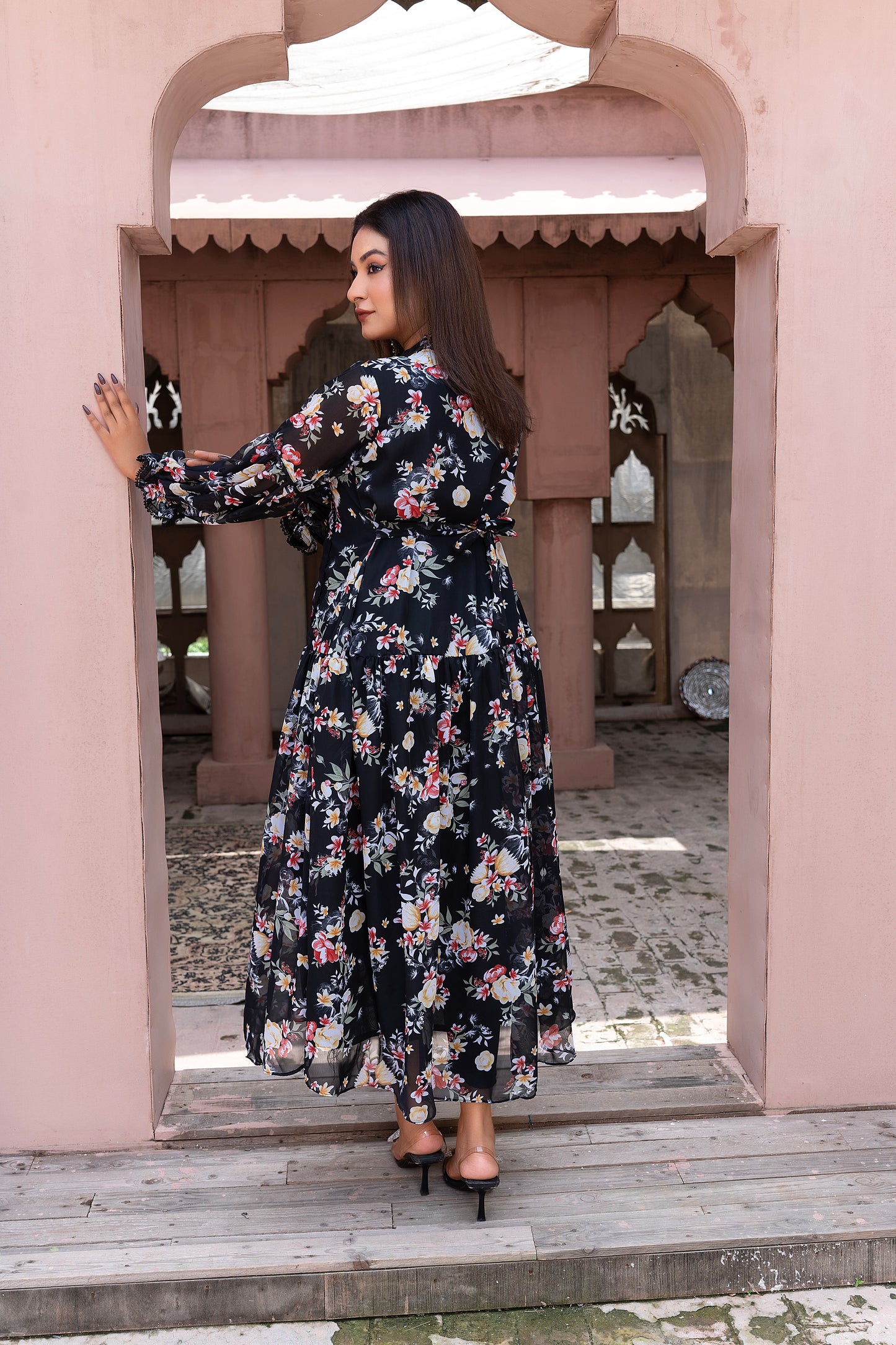 Midnight Blossom chiffon Maxi Dress