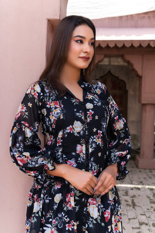 Midnight Blossom chiffon Maxi Dress