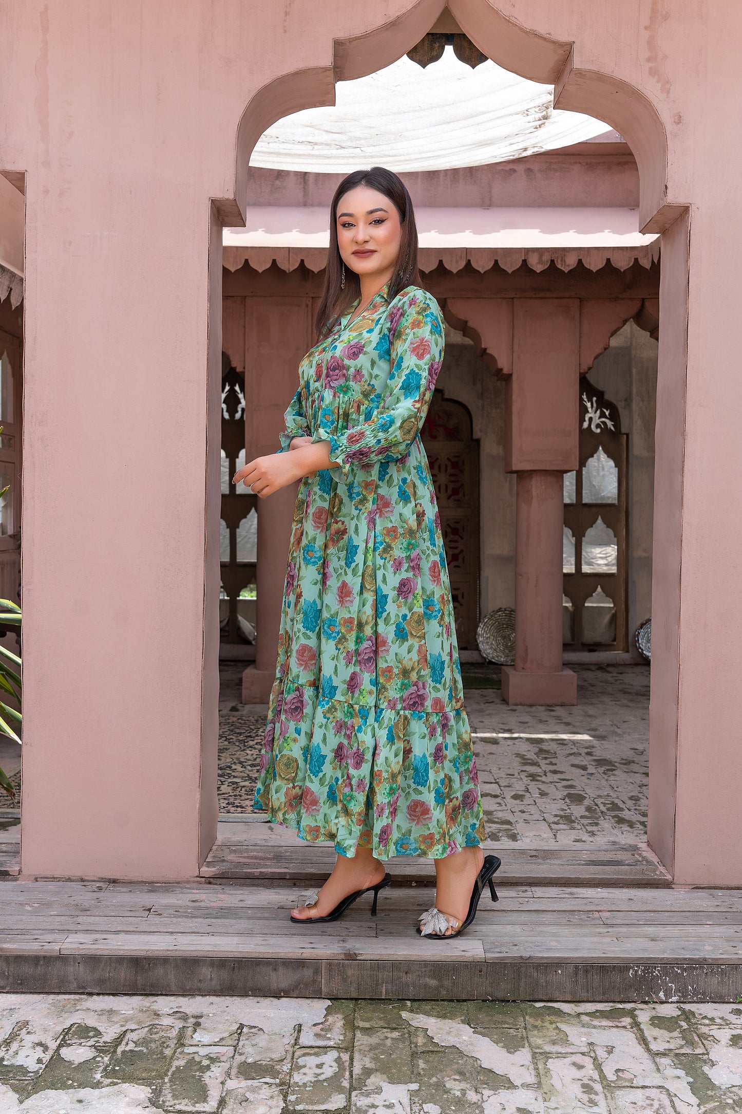 Turquoise Garden silk Grip Tiered Maxi Dress
