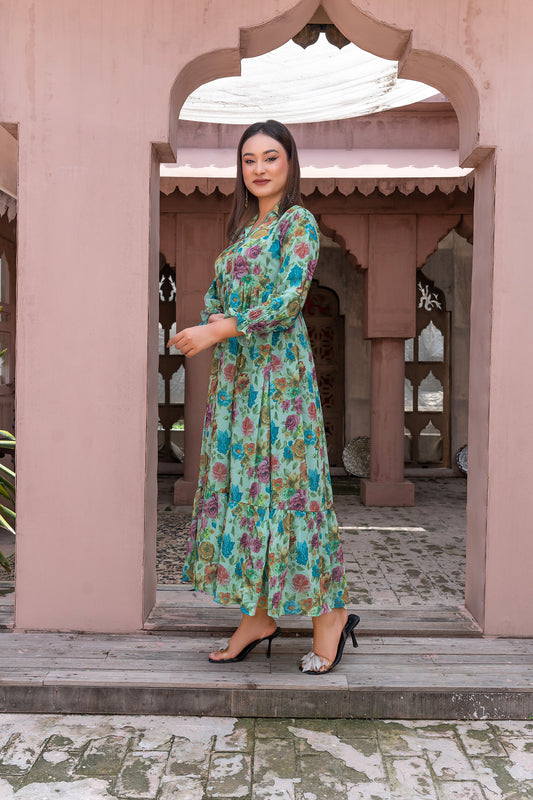 Turquoise Garden silk Grip Tiered Maxi Dress