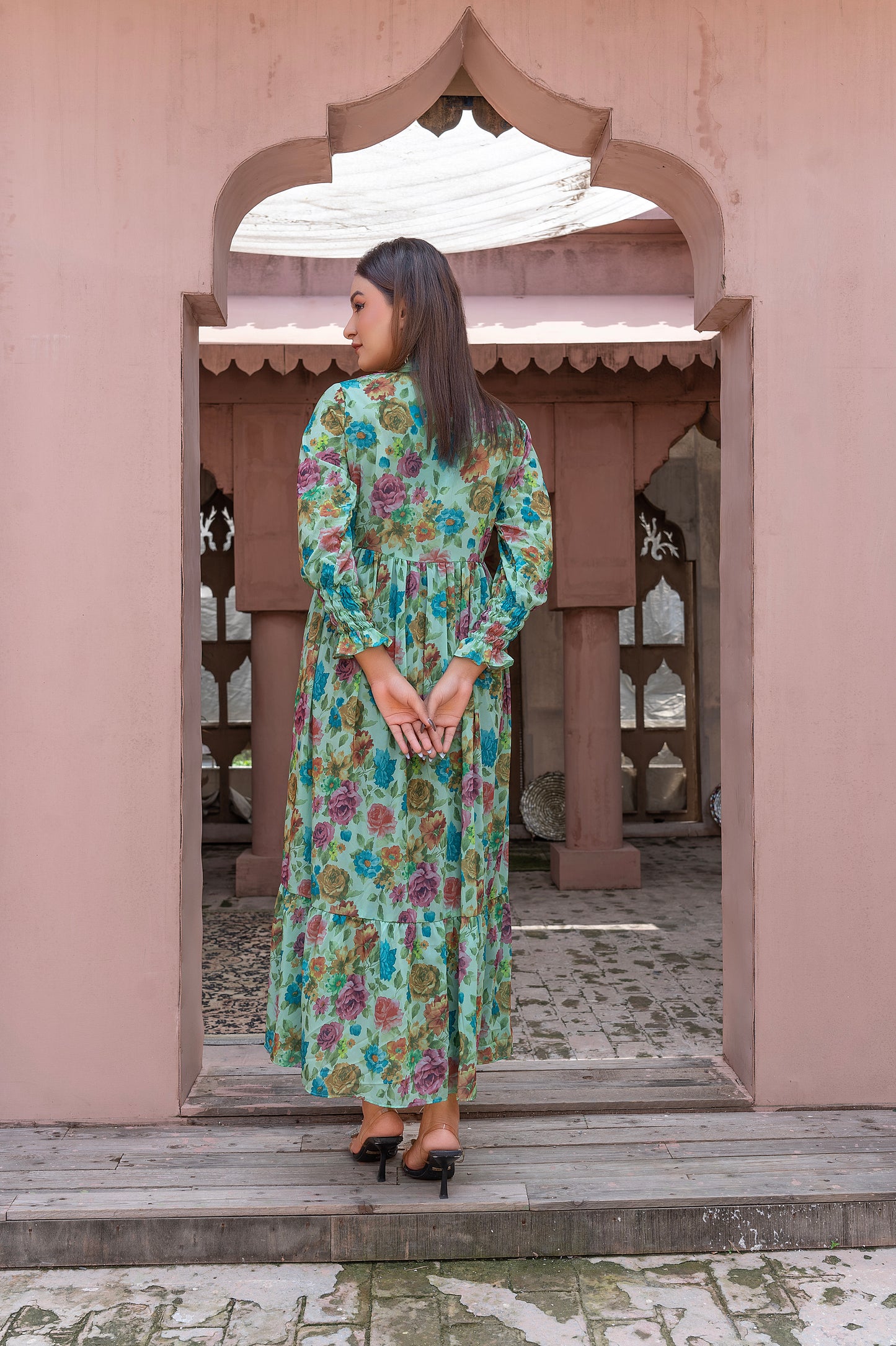 Turquoise Garden silk Grip Tiered Maxi Dress