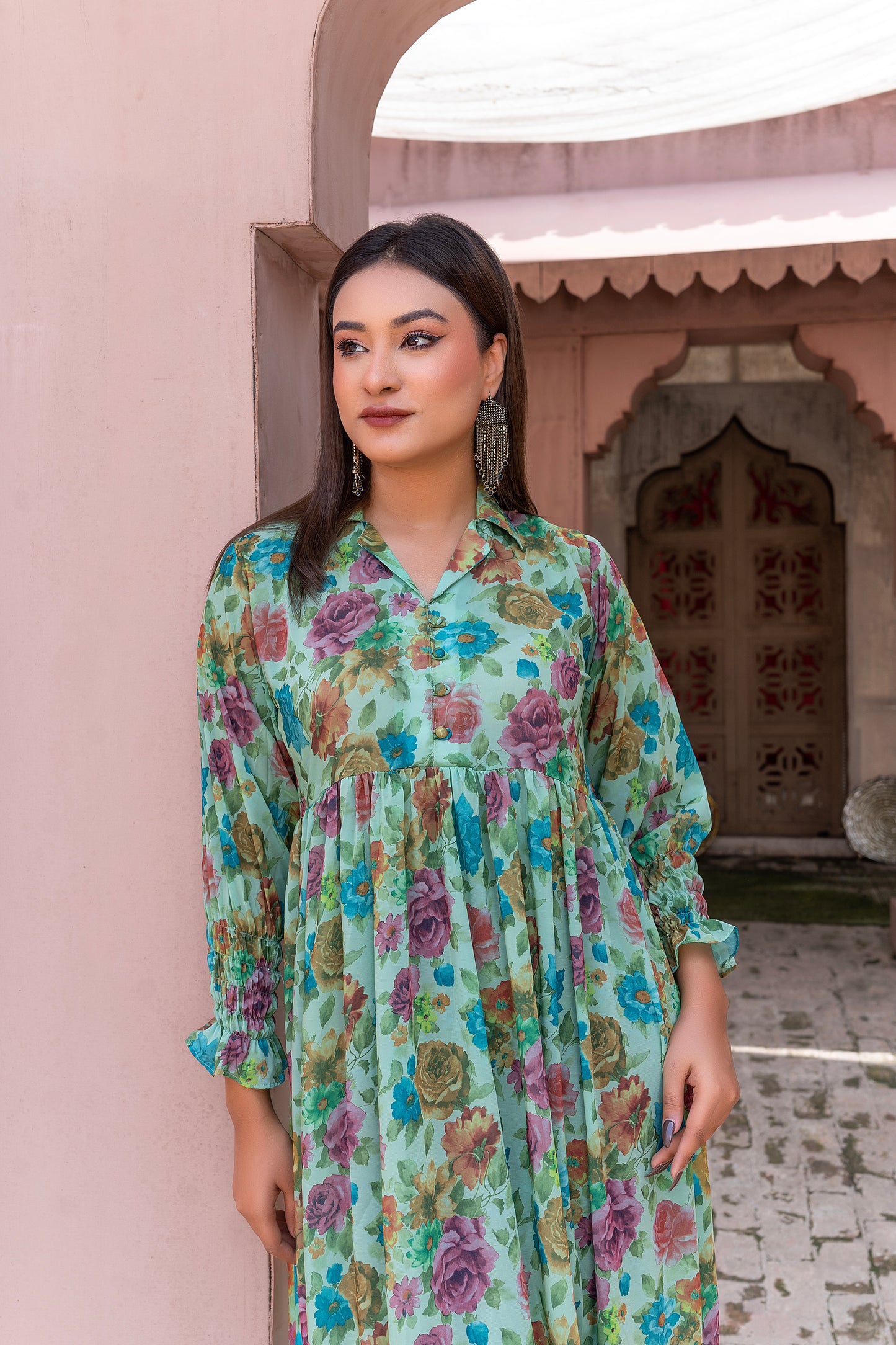 Turquoise Garden silk Grip Tiered Maxi Dress