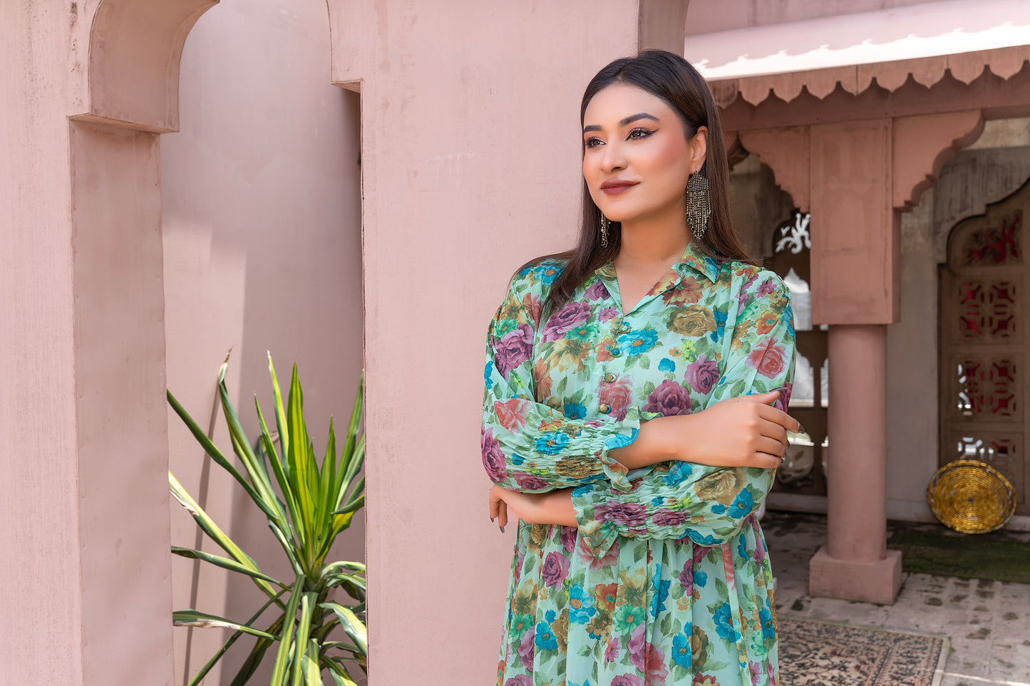 Turquoise Garden silk Grip Tiered Maxi Dress