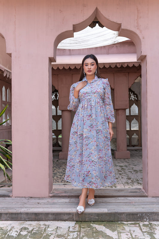 Sky Blue Floral chiffon Maxi Dress