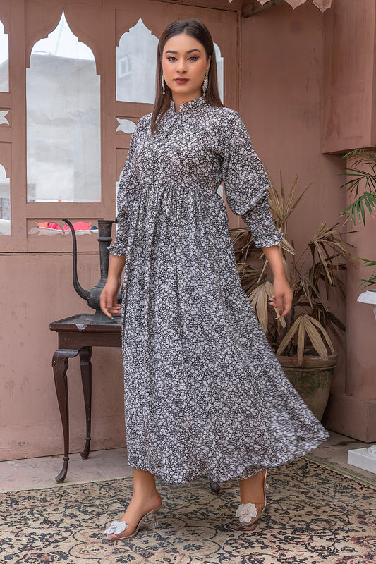 Black  Floral Print Grip Maxi Dress