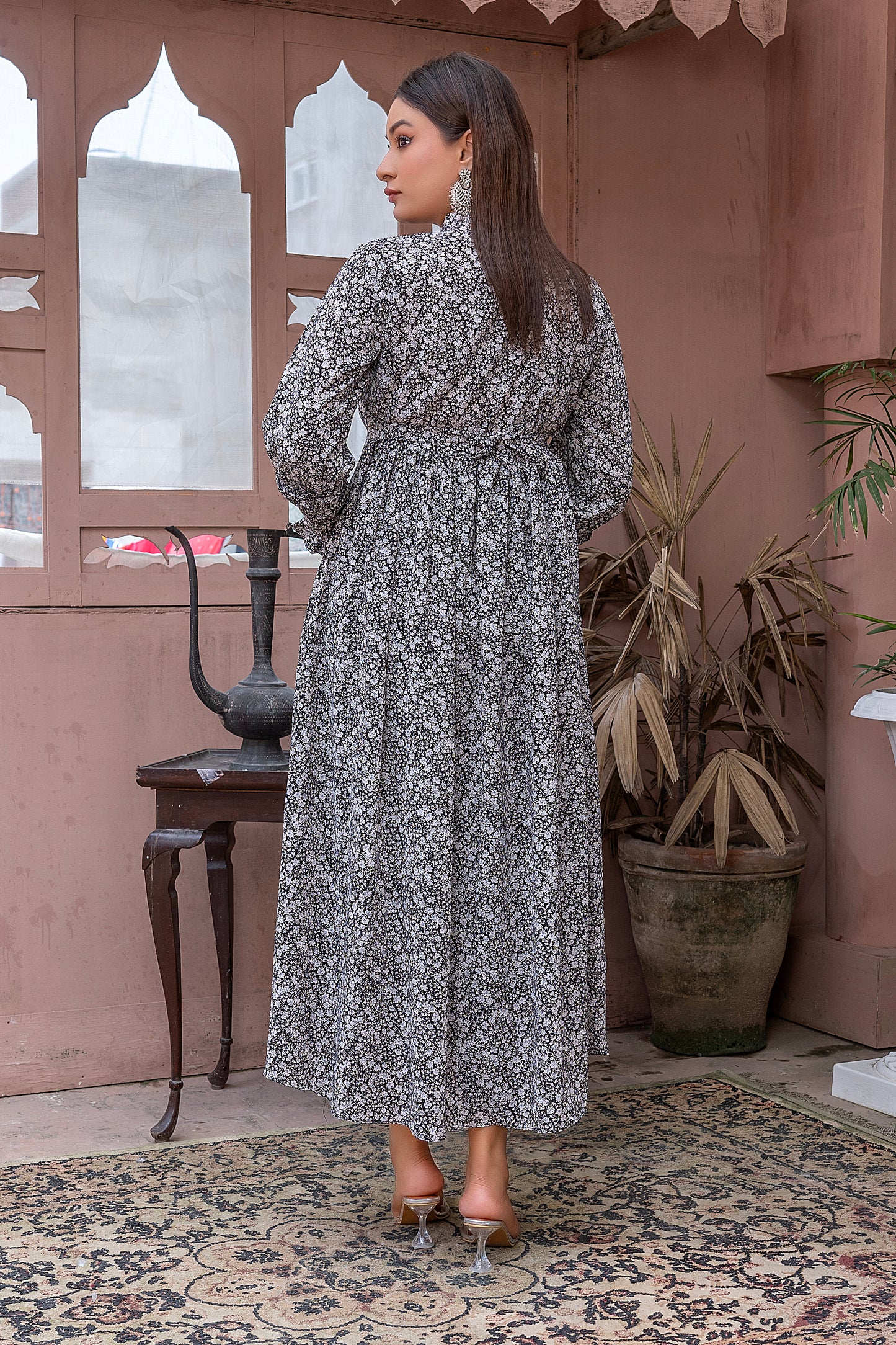 Black  Floral Print Grip Maxi Dress