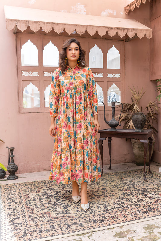 Vibrant Multi Floral Silk Grip  Maxi Dress