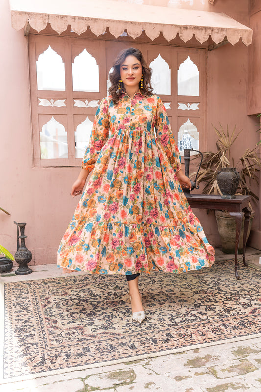 Vibrant Multi Floral Silk Grip  Maxi Dress