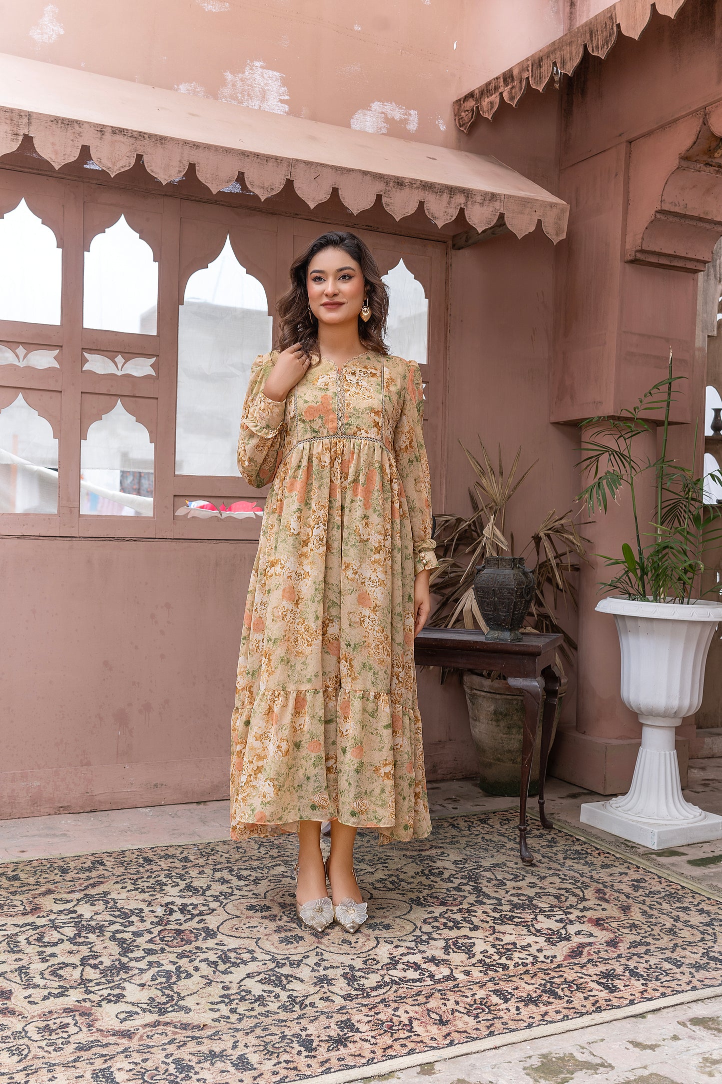 Vintage Floral chiffon Tiered Maxi Dress