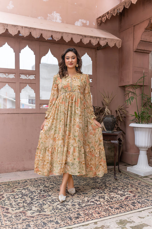 Vintage Floral chiffon Tiered Maxi Dress