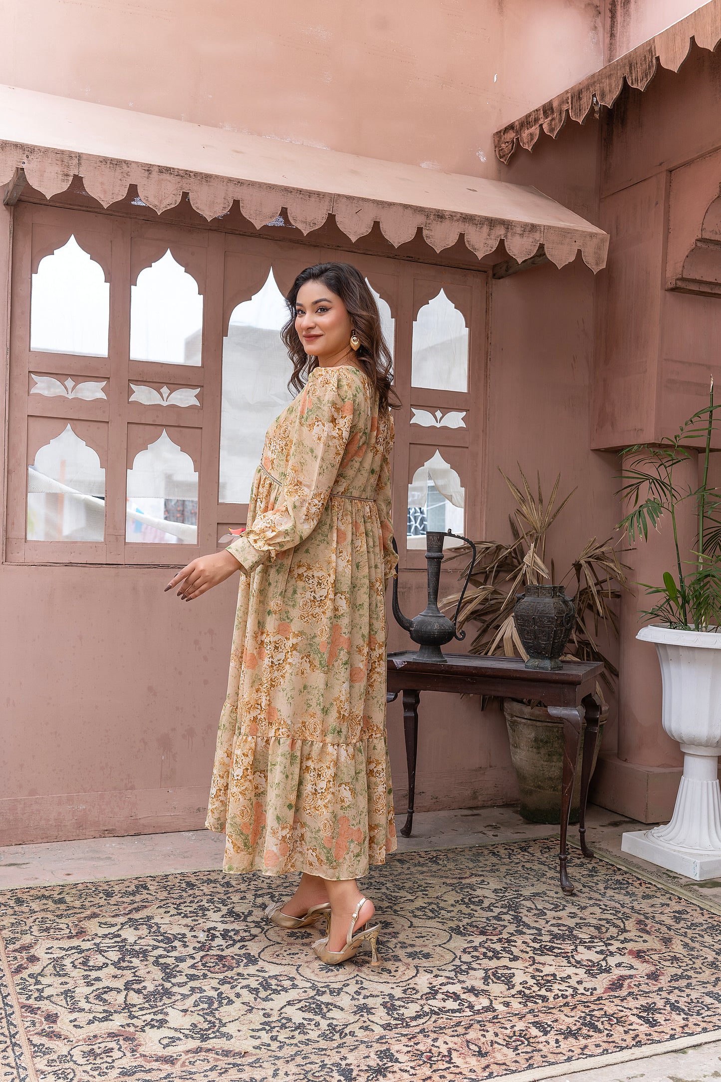 Vintage Floral chiffon Tiered Maxi Dress