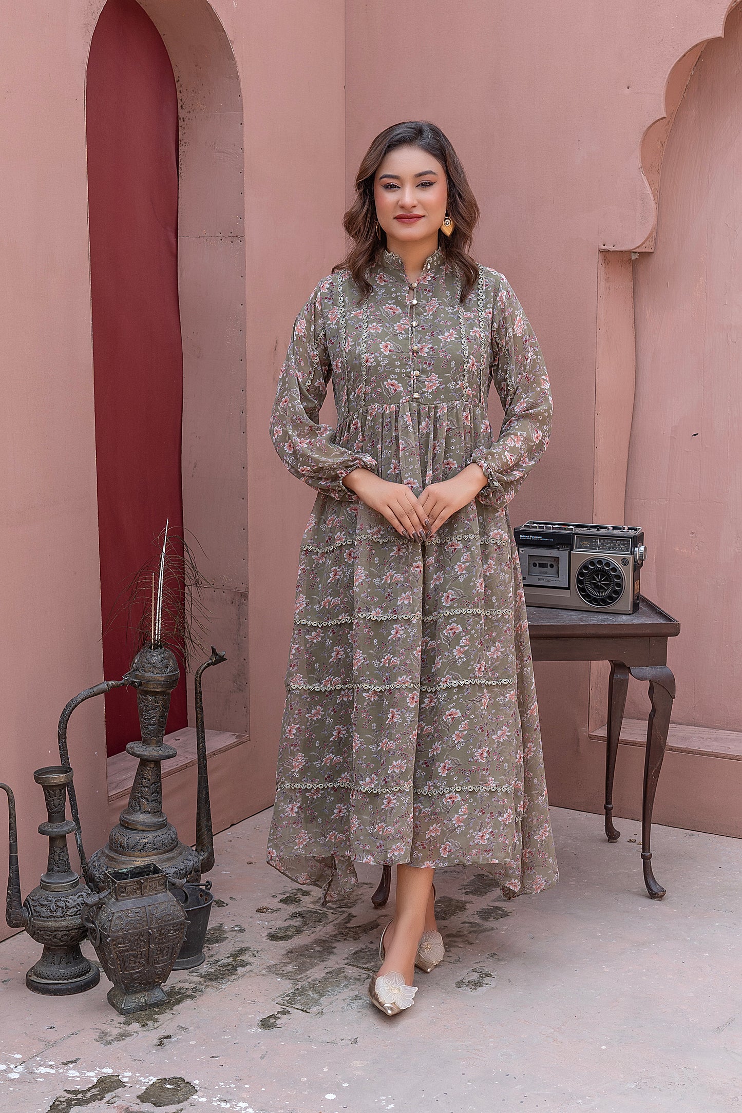 Floral  Midi Dress - light mehndi