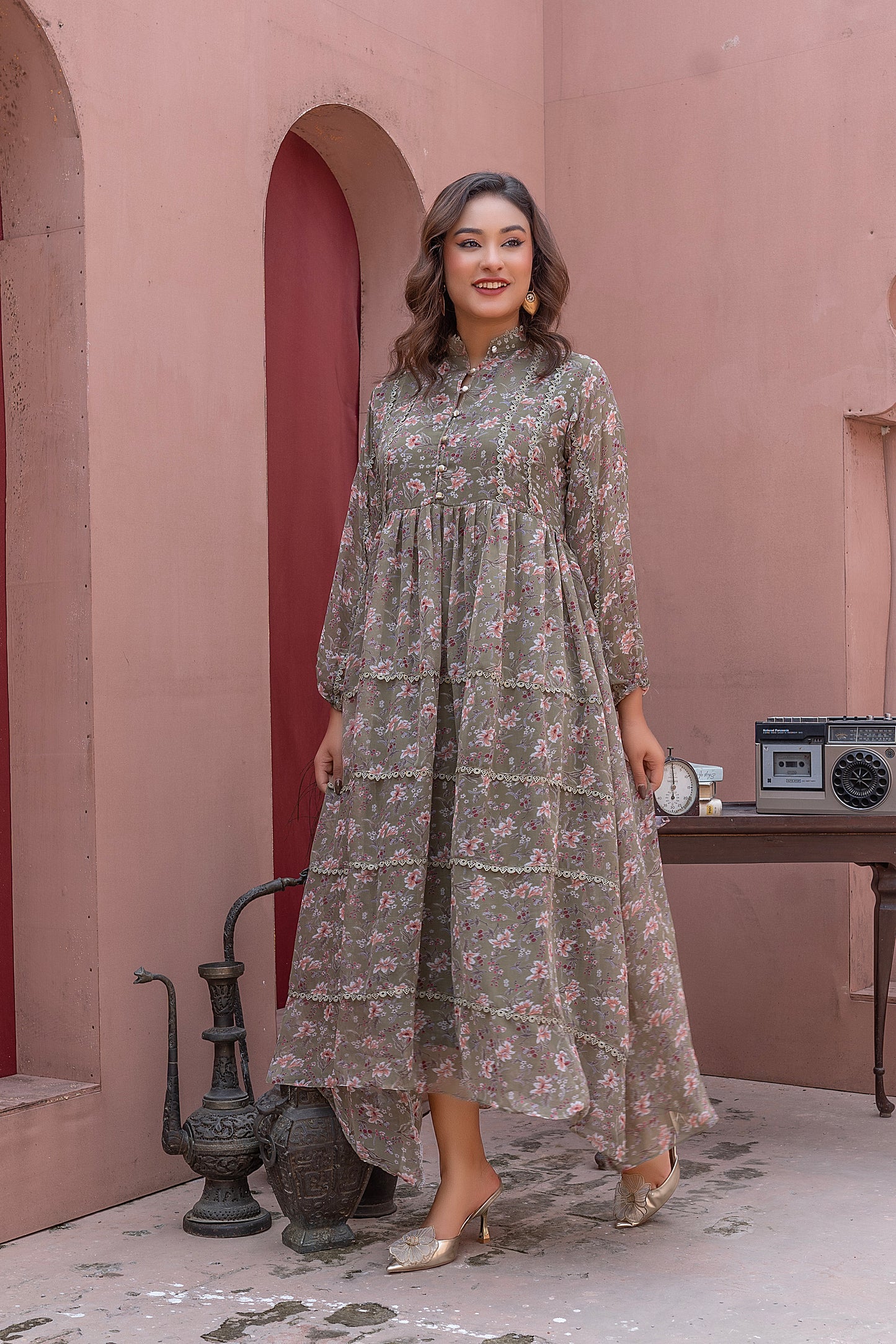 Floral  Midi Dress - light mehndi