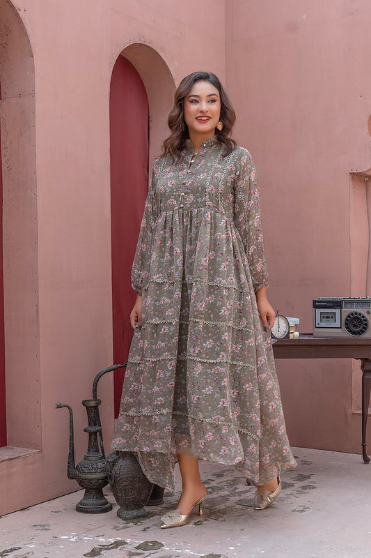 Floral  Midi Dress - light mehndi