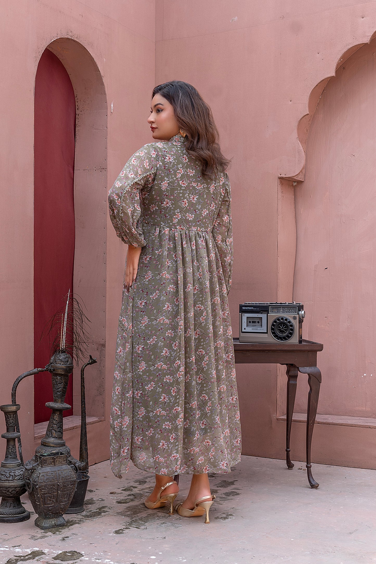 Floral  Midi Dress - light mehndi