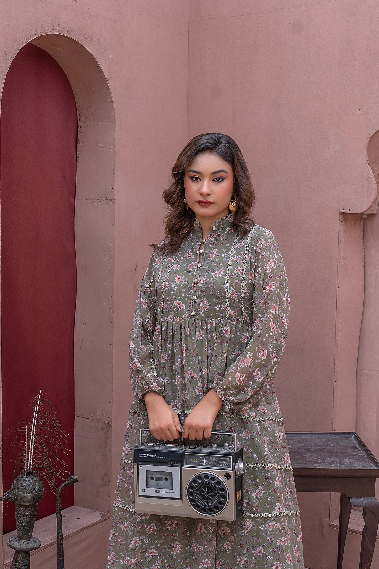 Floral  Midi Dress - light mehndi