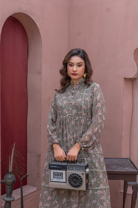 Floral  Midi Dress - light mehndi