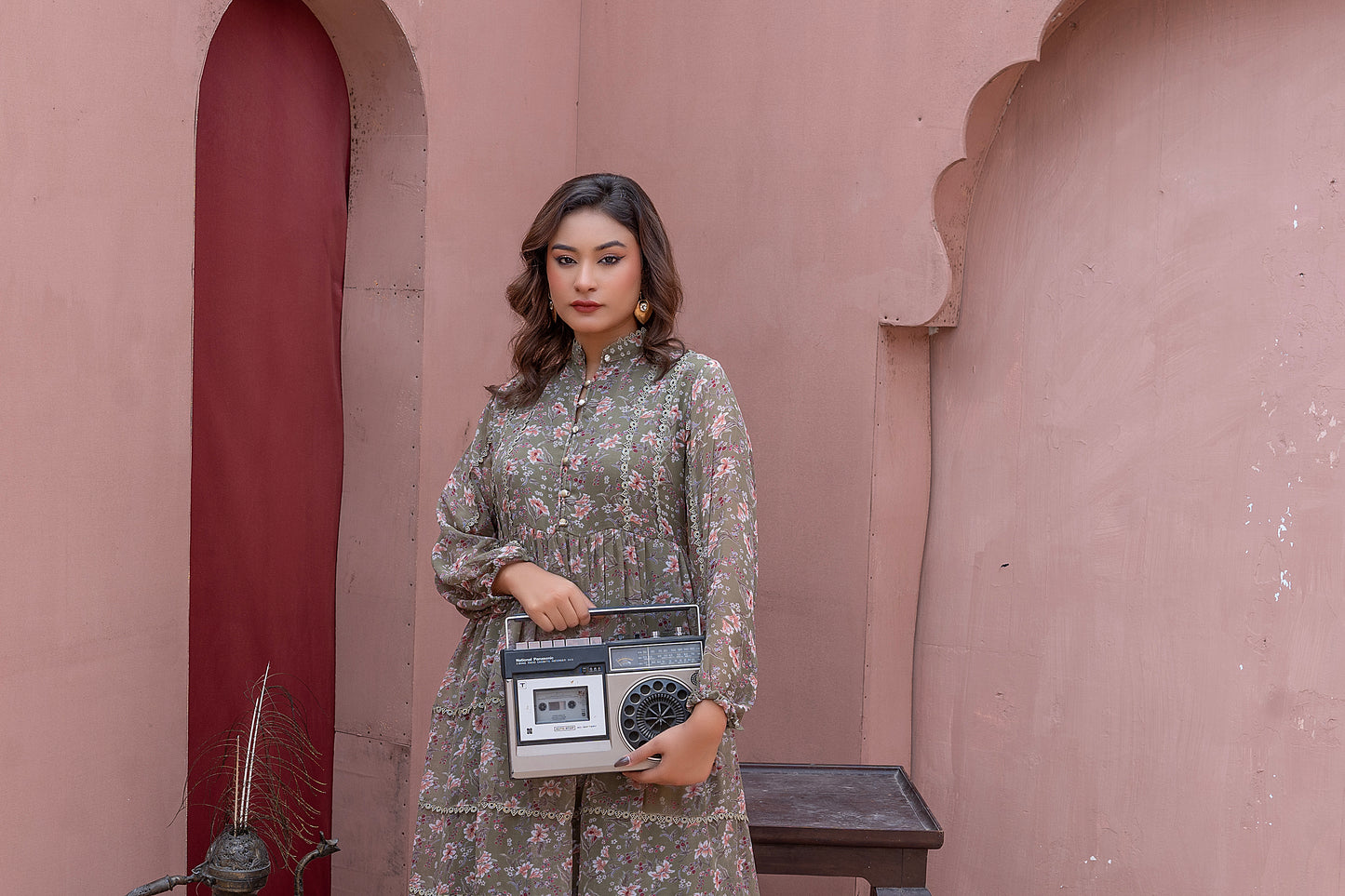 Floral  Midi Dress - light mehndi