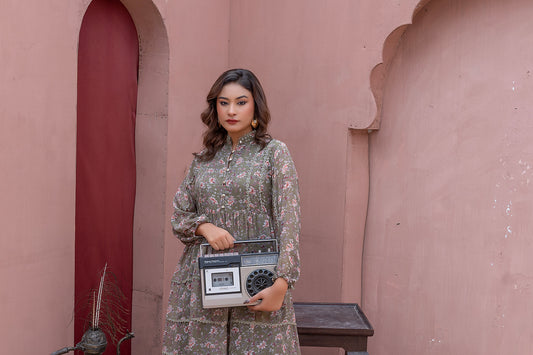 Floral  Midi Dress - light mehndi