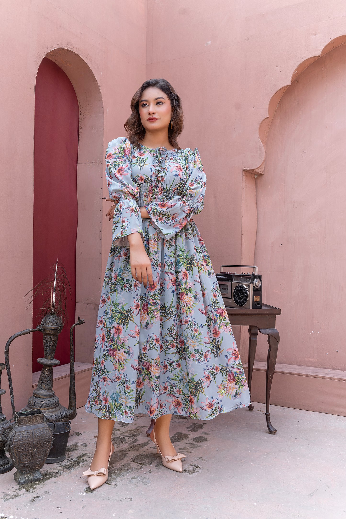 Powder Blue Floral silk Grip  Maxi Dress