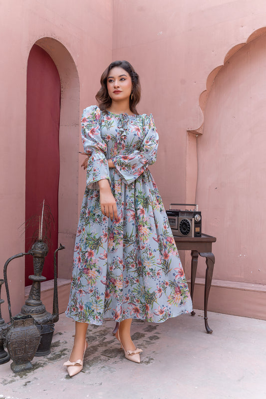 Powder Blue Floral silk Grip  Maxi Dress