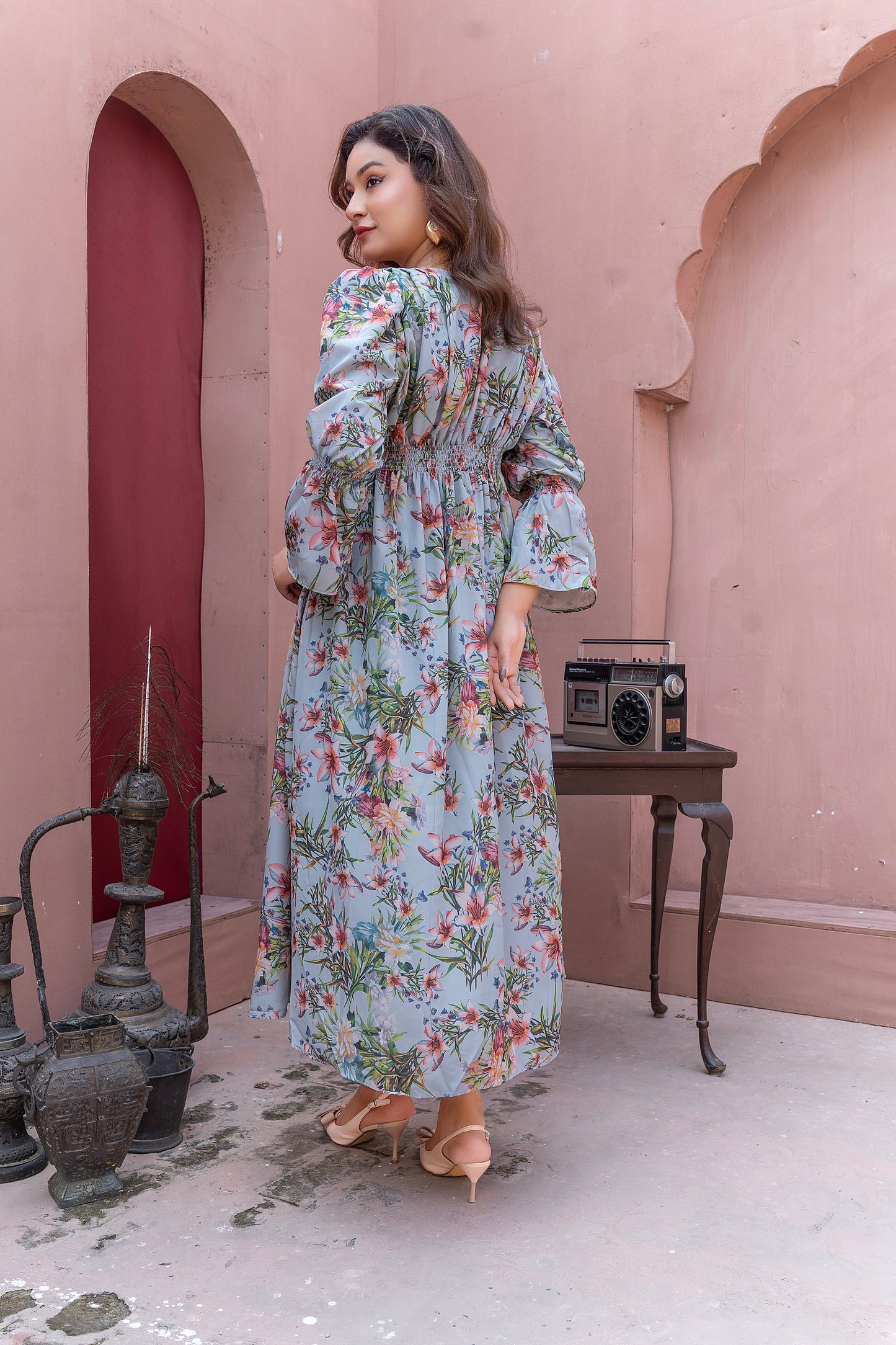Powder Blue Floral silk Grip  Maxi Dress