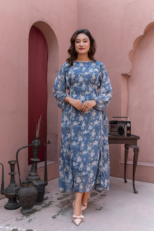 Steel Blue Floral chiffon Maxi Dress