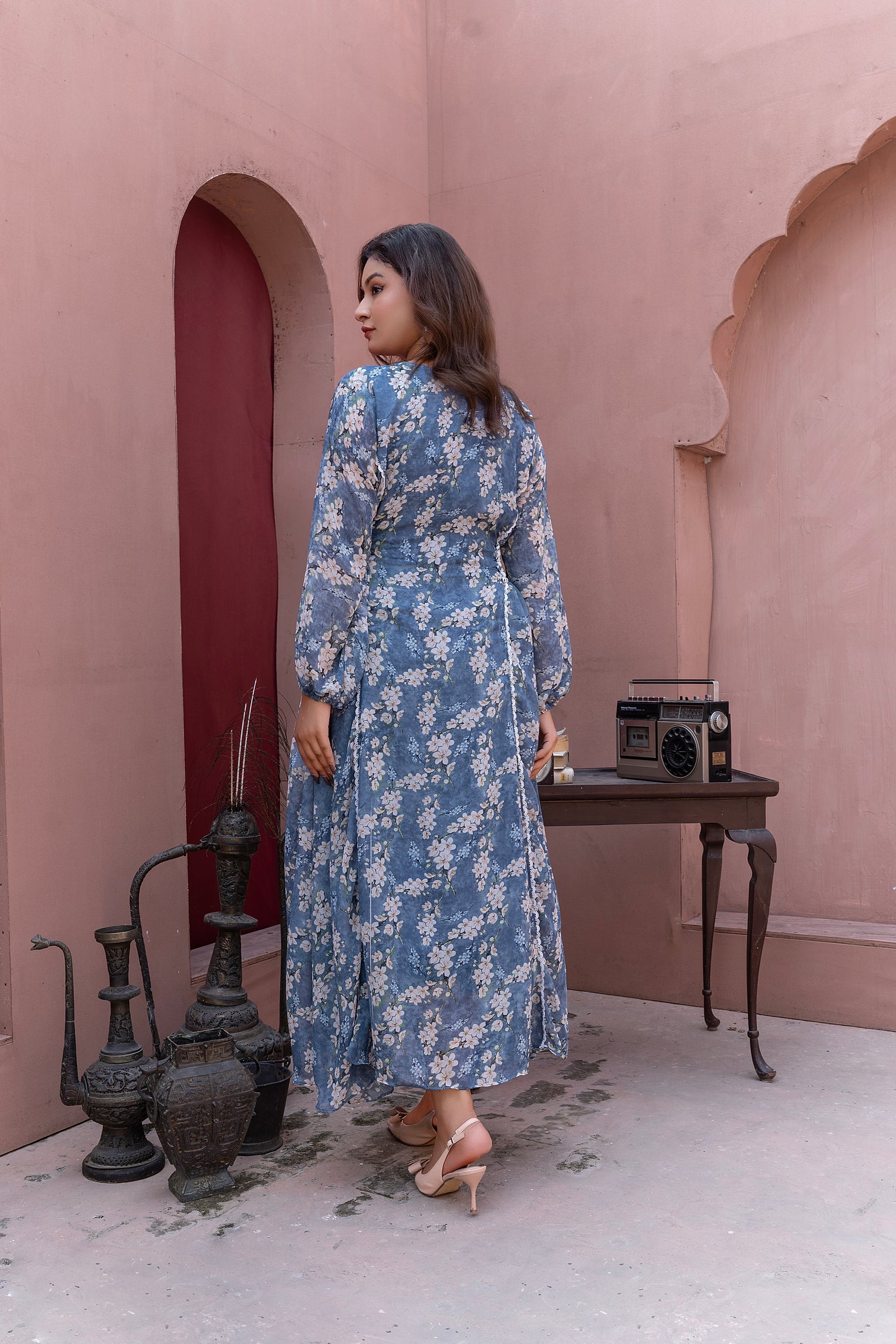 Steel Blue Floral chiffon Maxi Dress