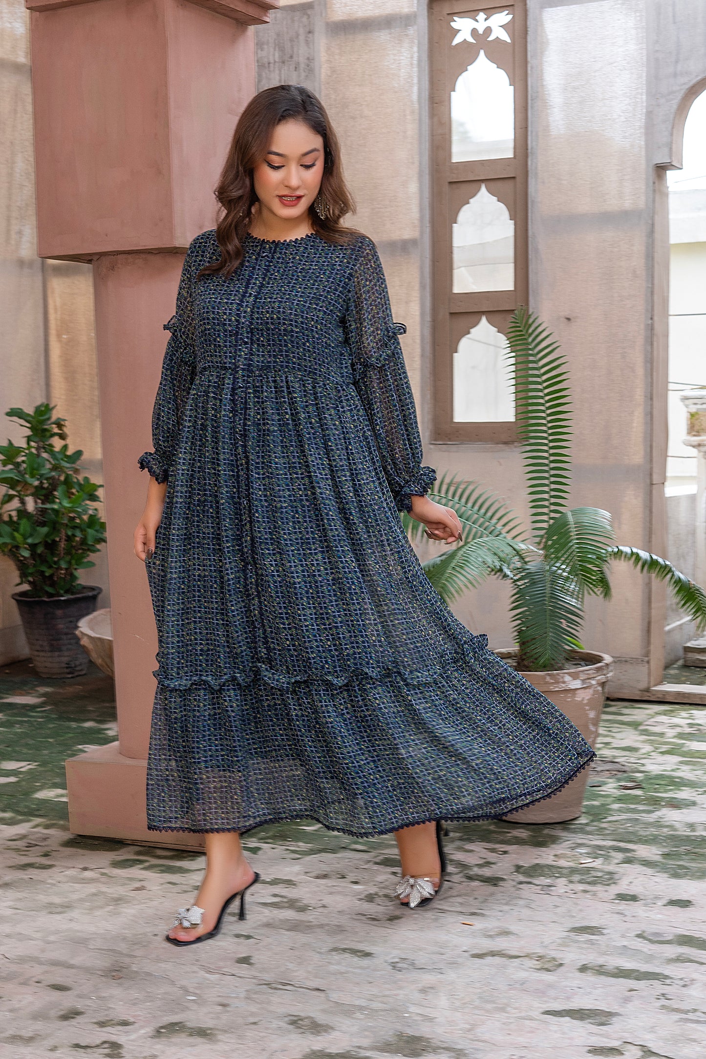 Navy Ditsy Print chiffon Tiered Maxi Dress
