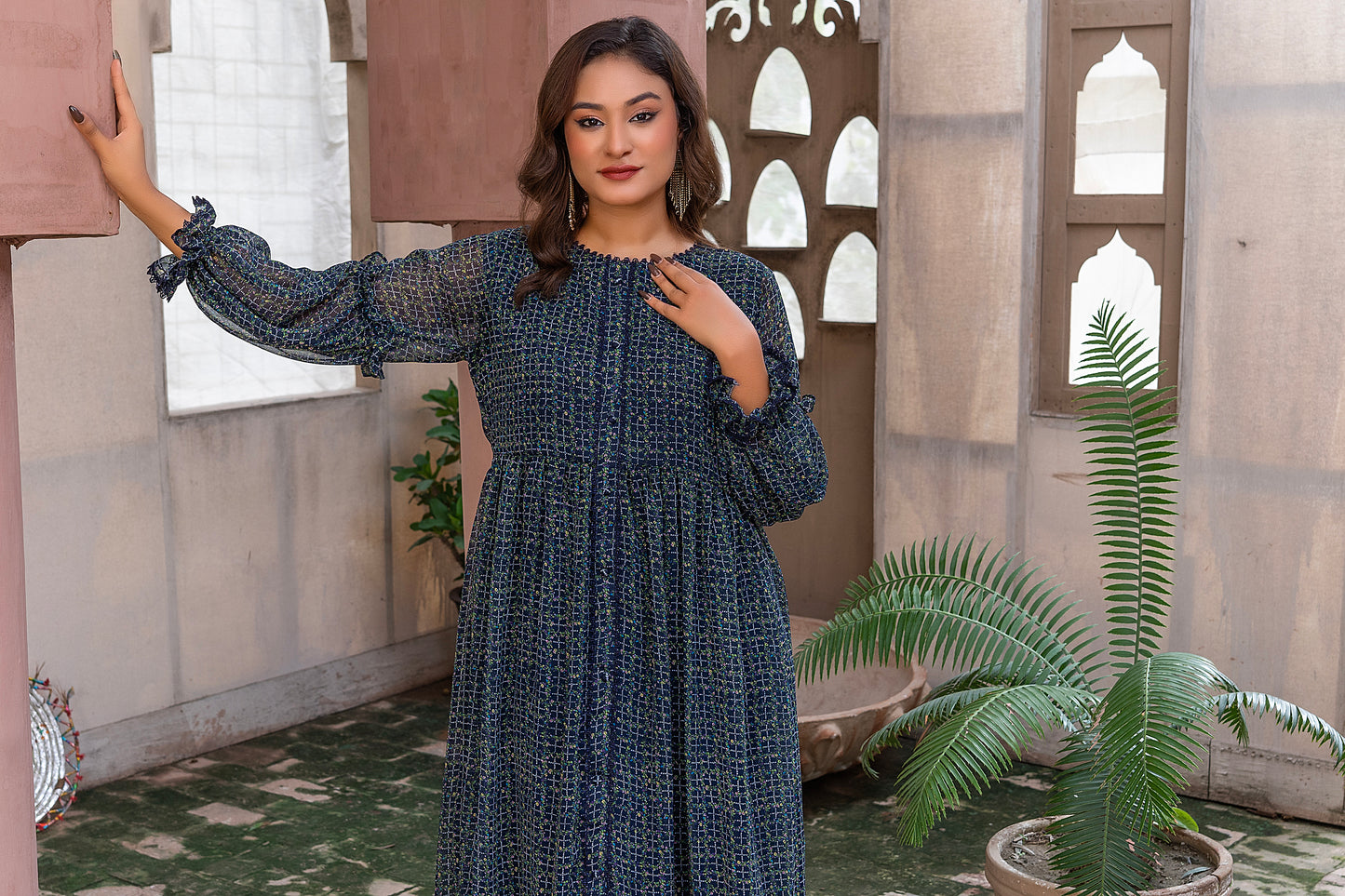 Navy Ditsy Print chiffon Tiered Maxi Dress